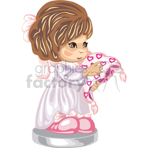 A little brown haired girl in a nightgown holding a heart print blanket  clipart. Royalty.