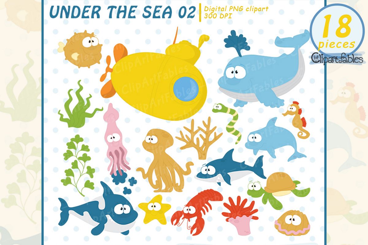Sea animals clip art, Nautical clipart, ocean theme design.