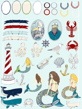 Nautical Clip Art, Mermaid, Crab, Ocean Life Clipart, Sailor Digital  Graphics.