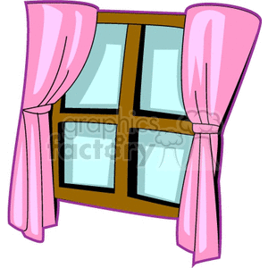 Window with pink curtains clipart. Royalty.