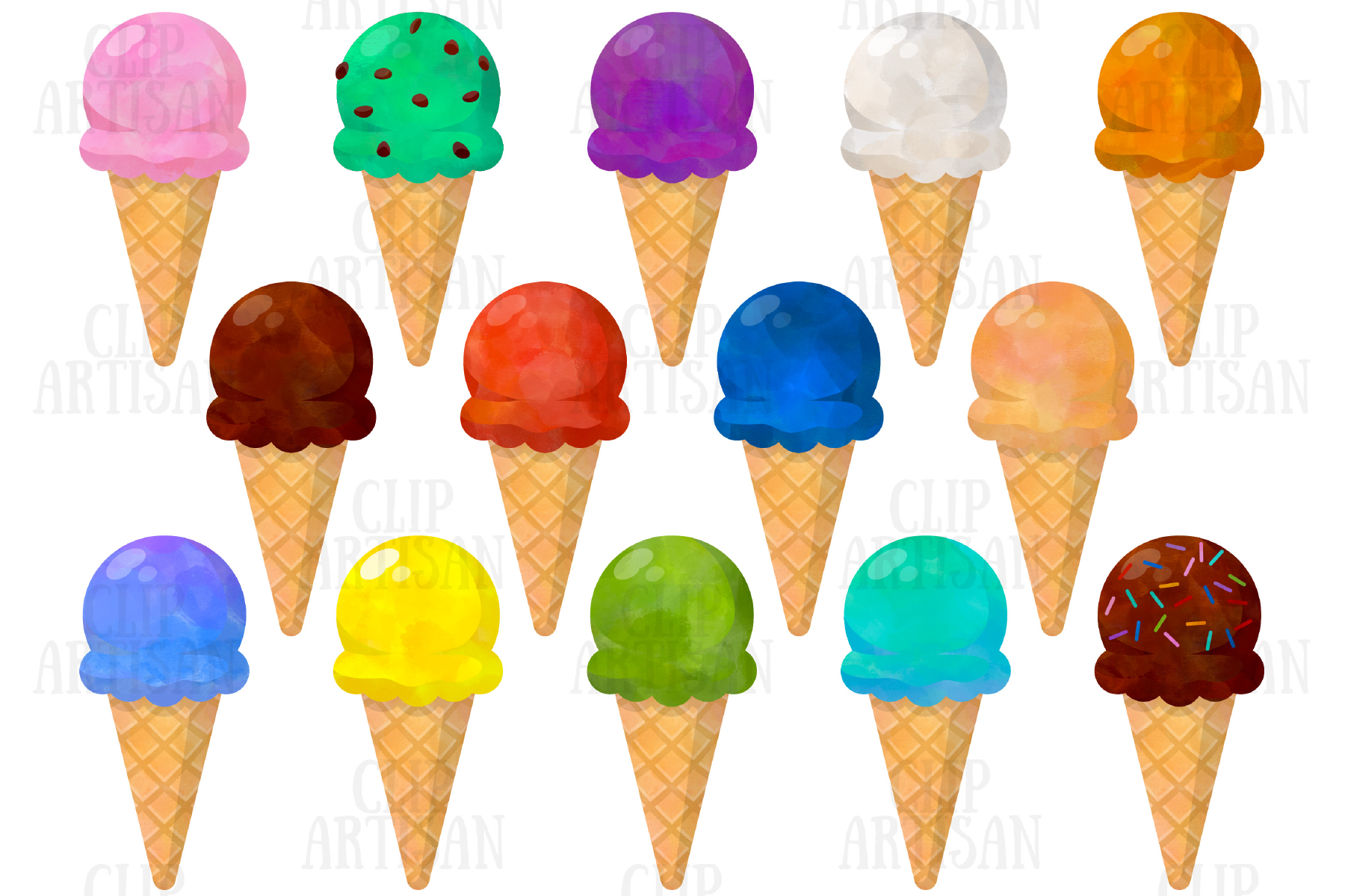 Watercolor Ice Cream Cones Clip Art.