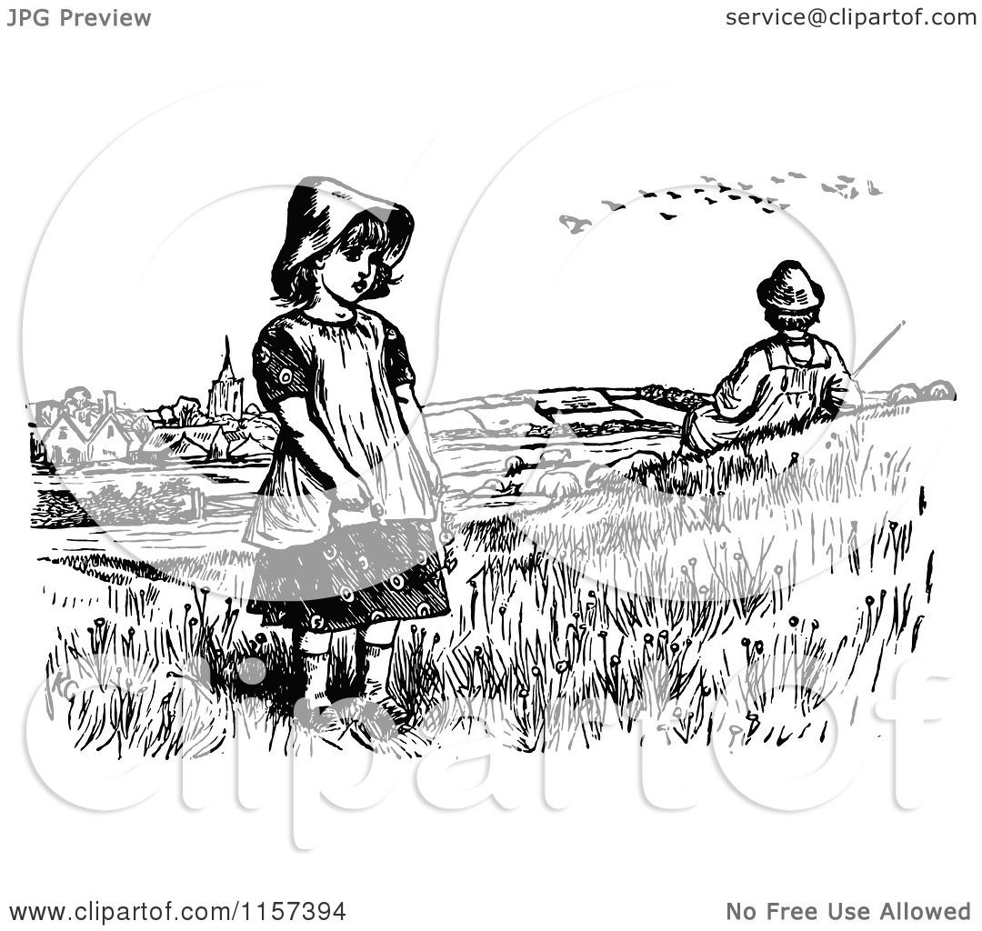 Clipart of a Retro Vintage Black and White Boy and Girl near a.