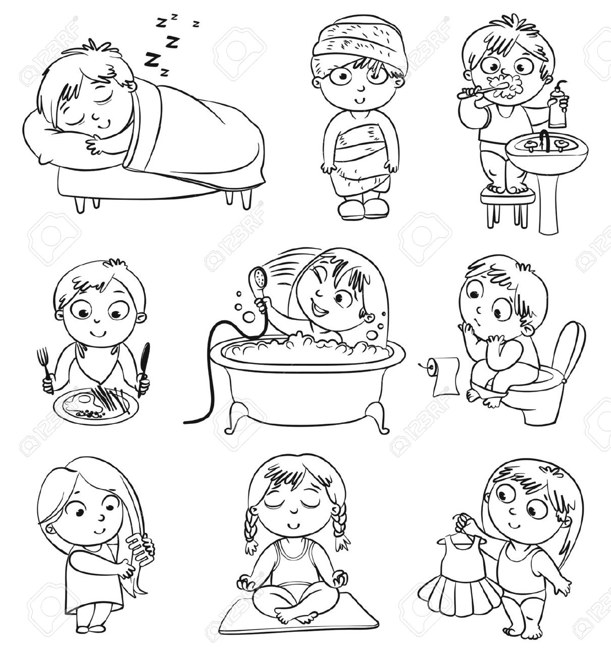 cutebaby child girl taking bath coloring page