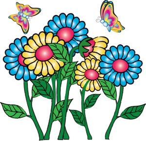 Flowers Clipart Image: Butterflies Flying Around Flowers.