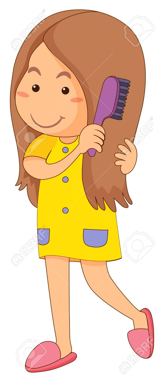 Little girl combing hair illustration.