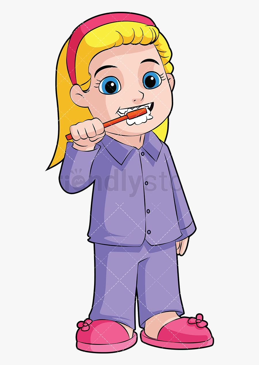 Brush Teeth Little Girl Brushing Her Vector Cartoon.