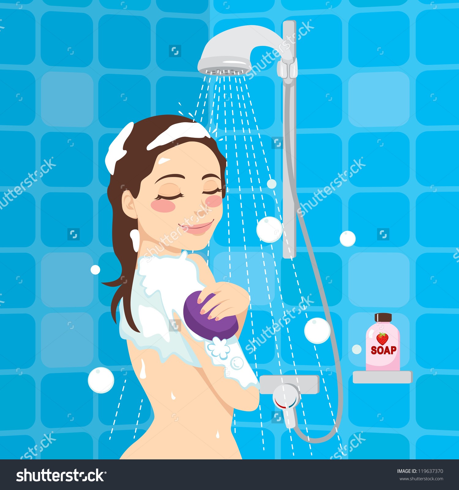 Beautiful Woman Enjoying Soothing Shower Relaxation Stock Vector.