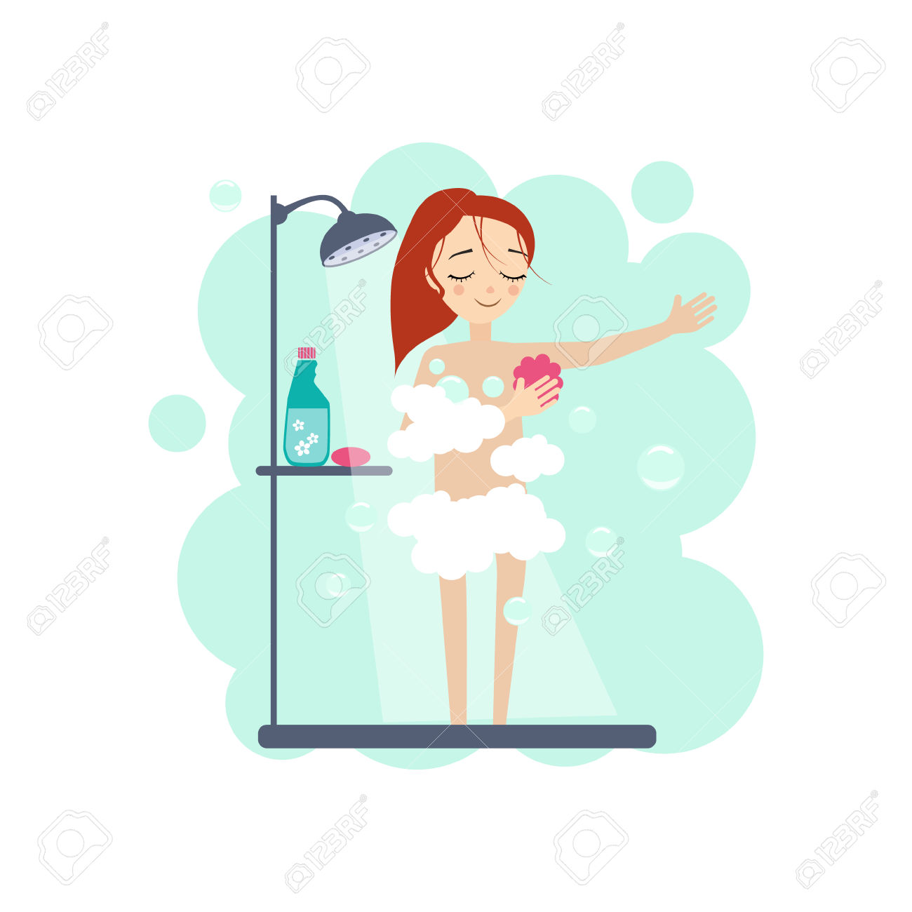 Taking A Shower. Daily Routine Activities Of Women. Colourful.