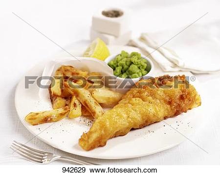Stock Photograph of Fish fillet fried in batter with chips and.