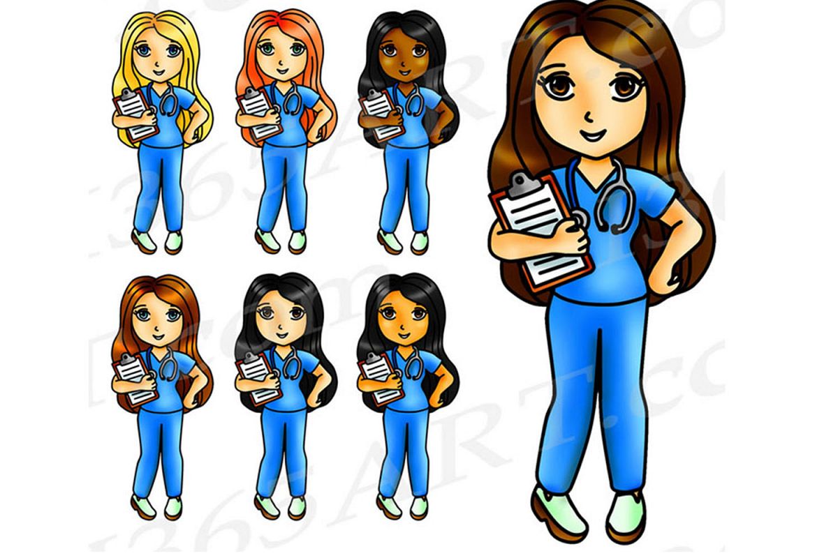 Kawaii Nurse Clipart, Nurse Girls, Digital Graphics, PNG JPEG Commercial.