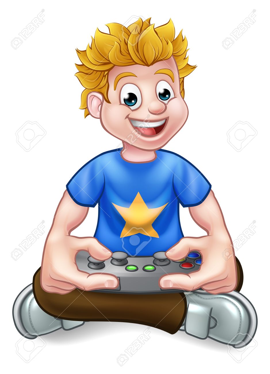 A cartoon gamer having fun playing video games.