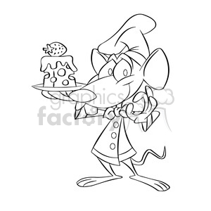 black and white cartoon mouse holding plate with cheese postre negro  clipart. Royalty.