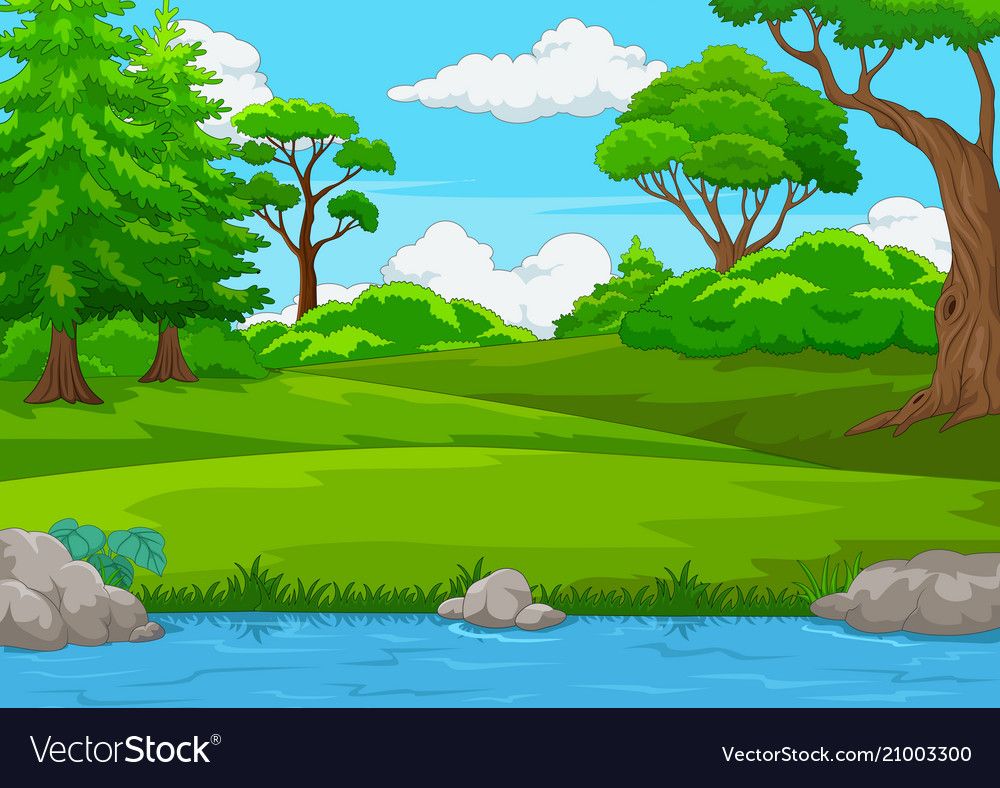 Forest scene with many trees and river Royalty Free Vector.