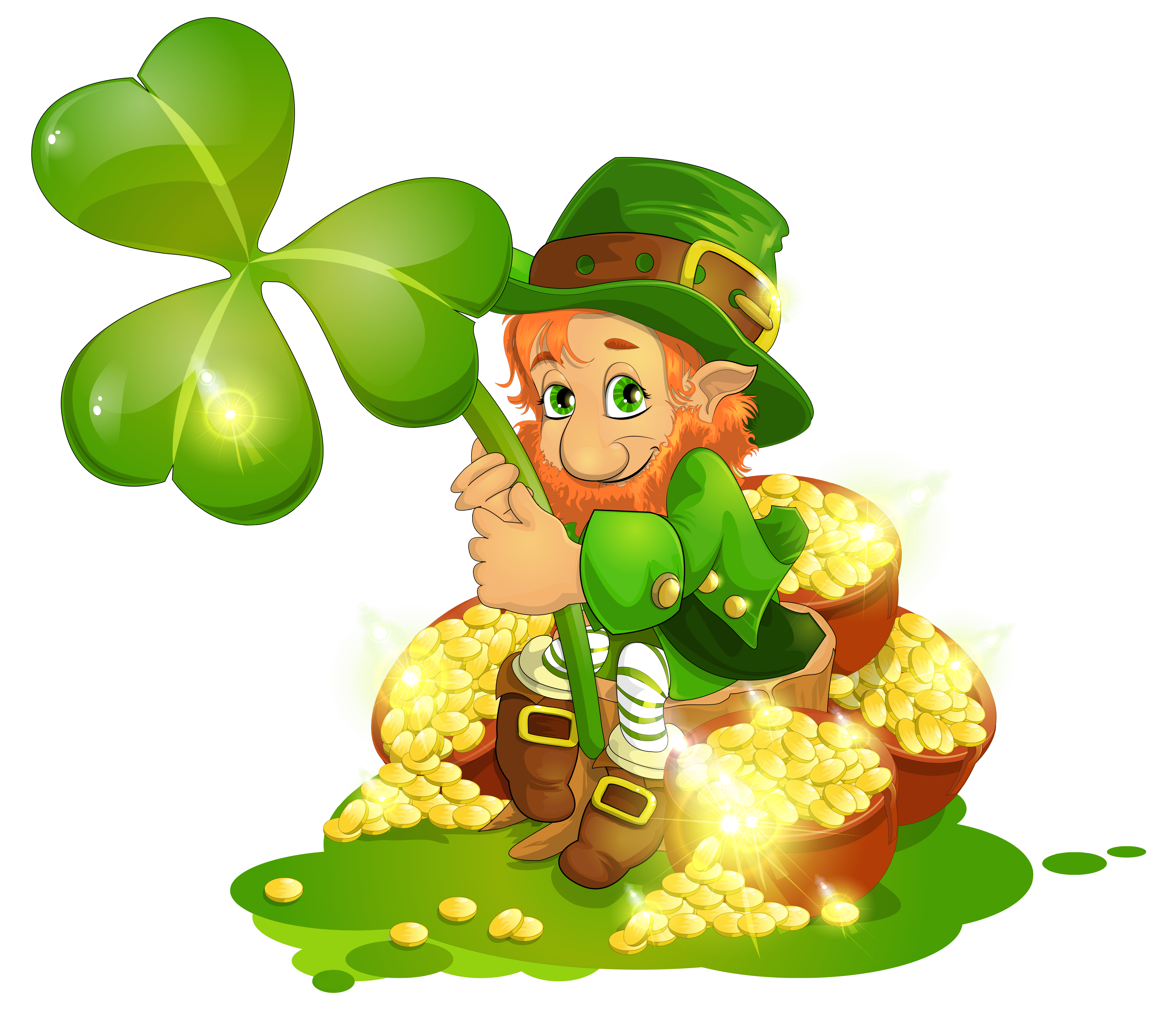 Saint Patrick's Day Leprechaun with Pot of Gold and Shamrock PNG.