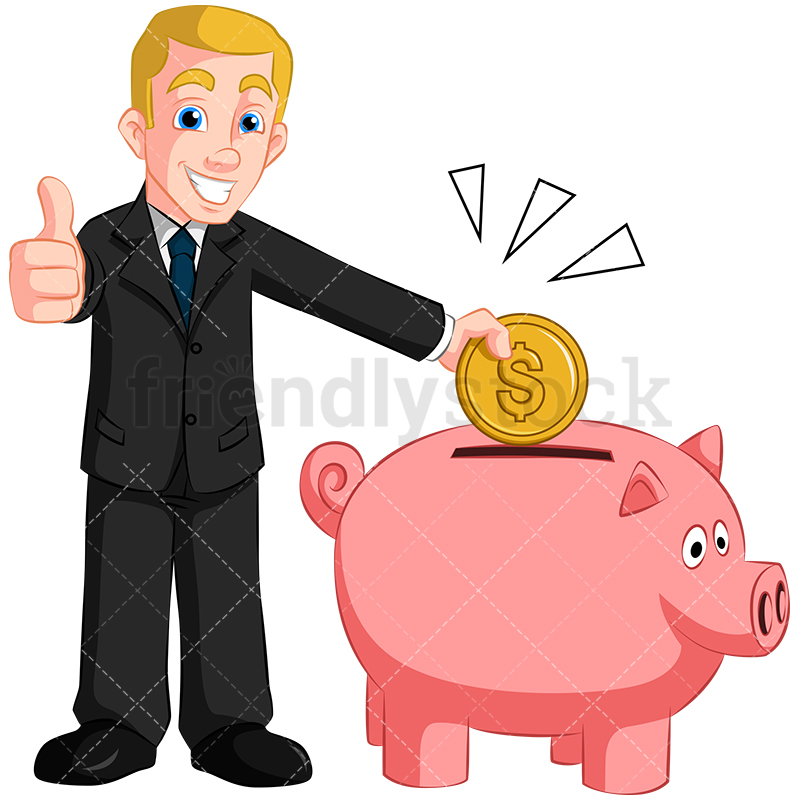 A Successful Businessman Dropping Money Into A Piggy Bank.