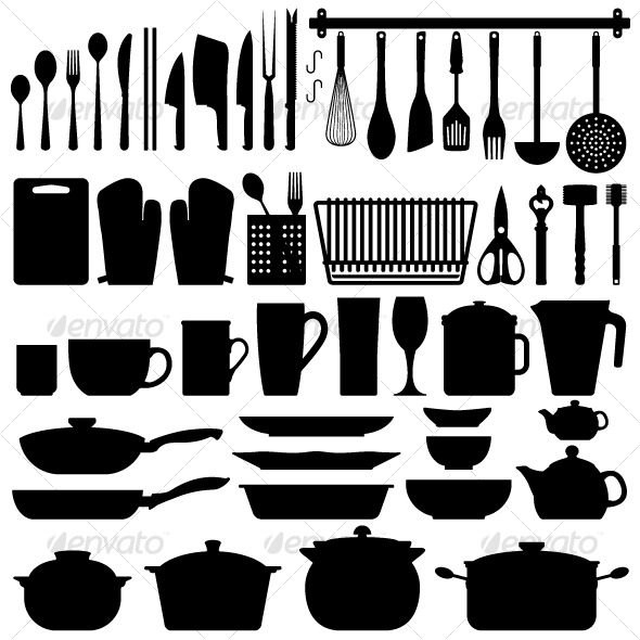 Kitchen Utensils Silhouette Vector.