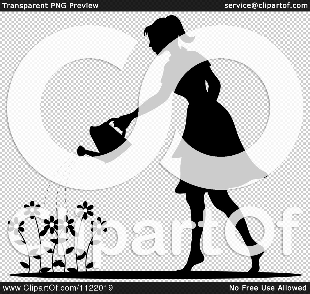 Clipart Of A Silhouetted Woman Watering A Flower Garden.