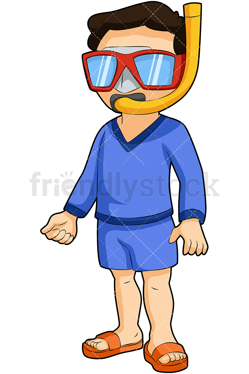 A Boy Ready For Scuba Diving With A Snorkel In His Mouth Wearing Goggles.