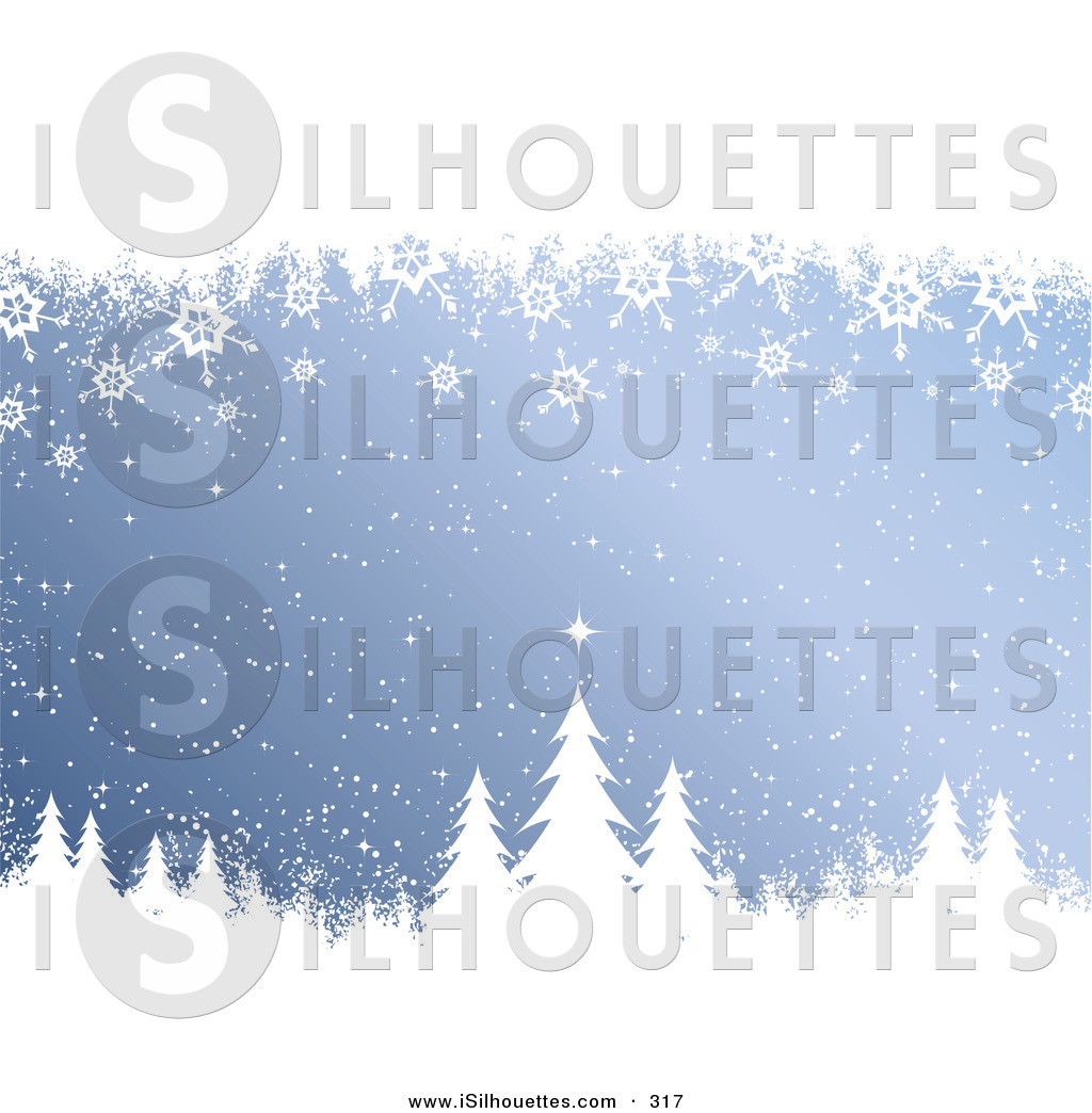 Silhouette Clipart of a Cold Wintrey Blue Background with Snow and.
