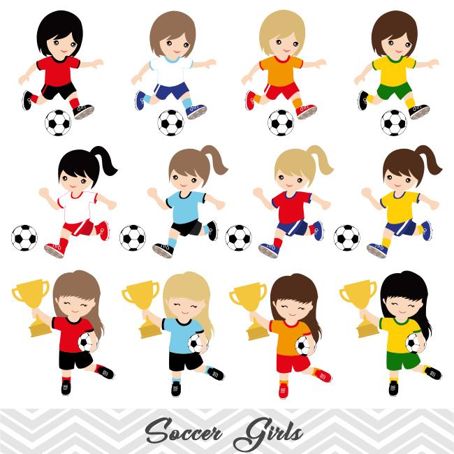 Girls Soccer Digital Clip Art, Sport Girls Soccer Team Clipart, 00257.