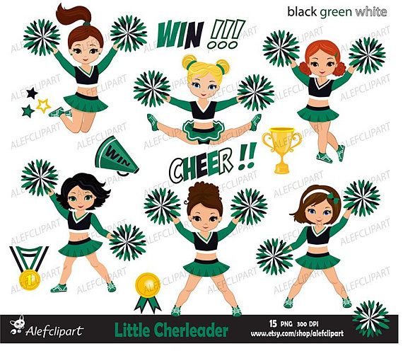 Cheerleader Digital Clipart Set / Black Green White/ for.