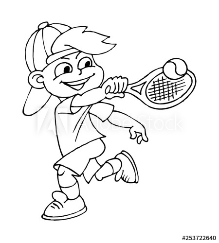 Boy playing tennis, children sports, black and white clipart.