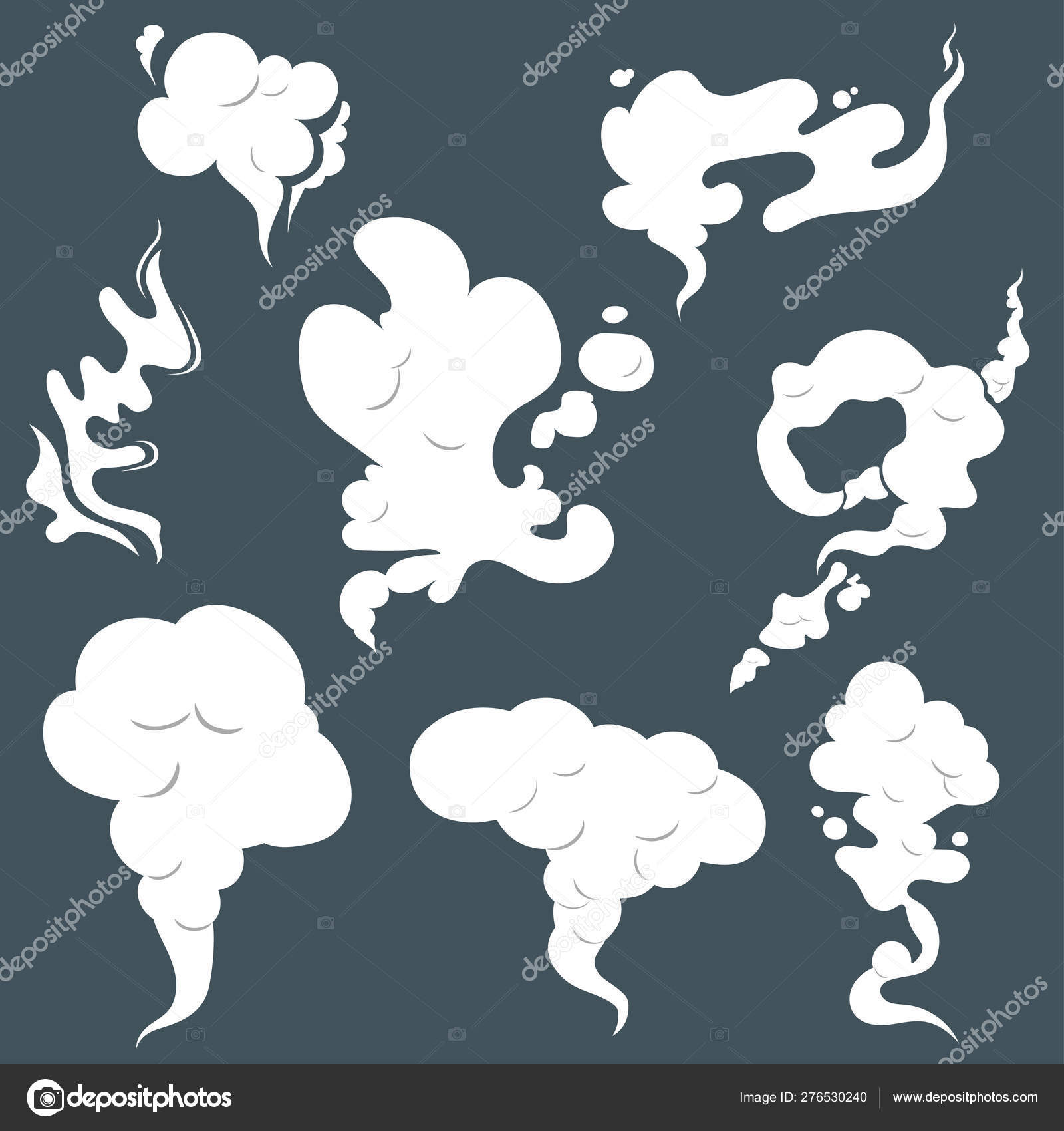 Smoke clouds. Steam cloud set. Fog flat isolated clipart. Steam.
