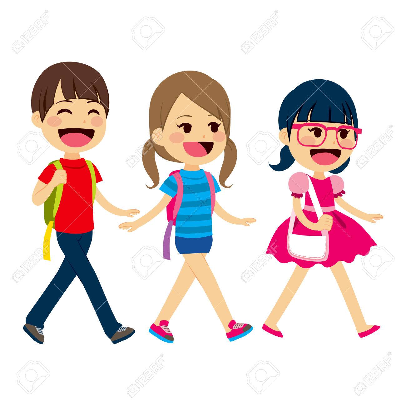 Three little children students walking going back to school.