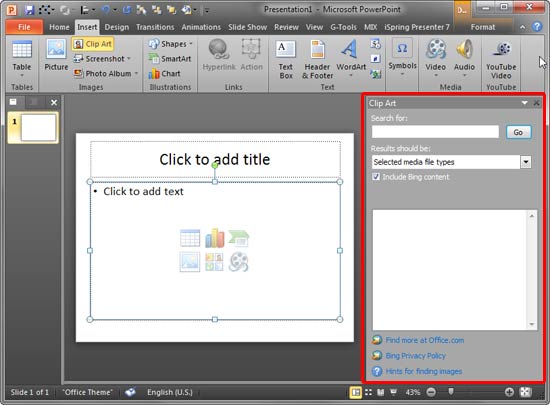 Insert Pictures From the Clip Art Pane in PowerPoint 2010.