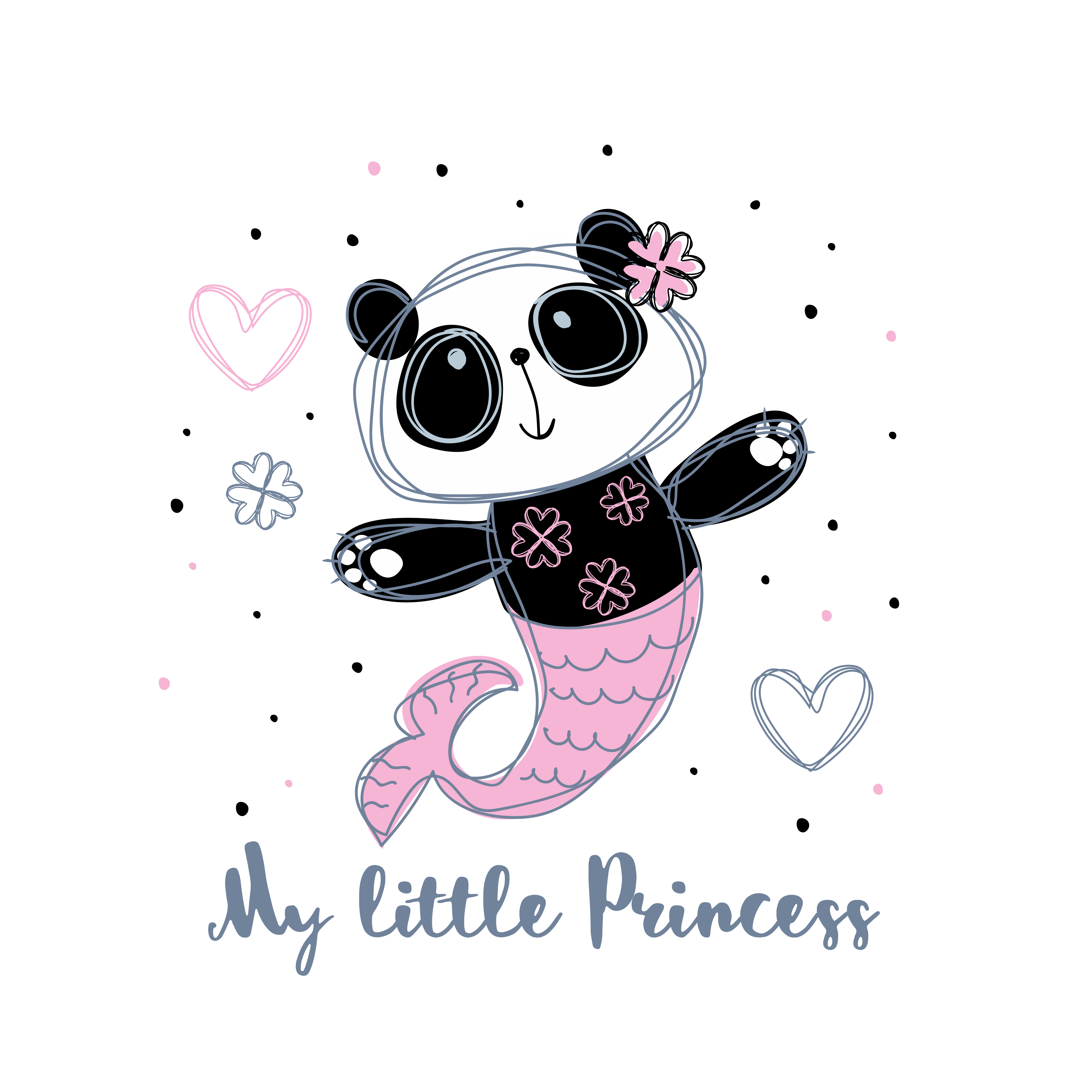 Panda mermaid. Sweet girl. Little princess. Vector.