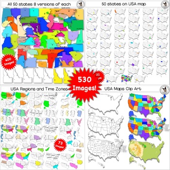 50 States, USA Maps, Regions, Timezones Clip Art ULTIMATE BUNDLE 528 images.