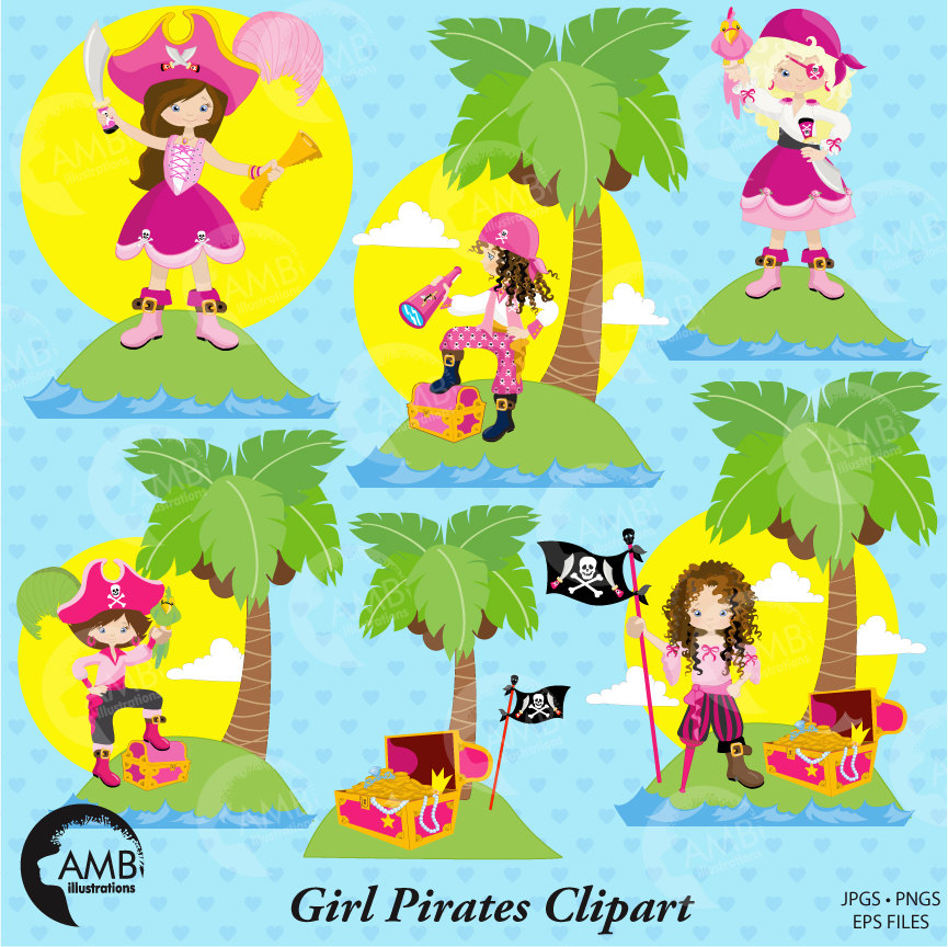 Pirate Girl Clipart, Pirate Girls, Pirates illustration, Treasure Island,  AMB.