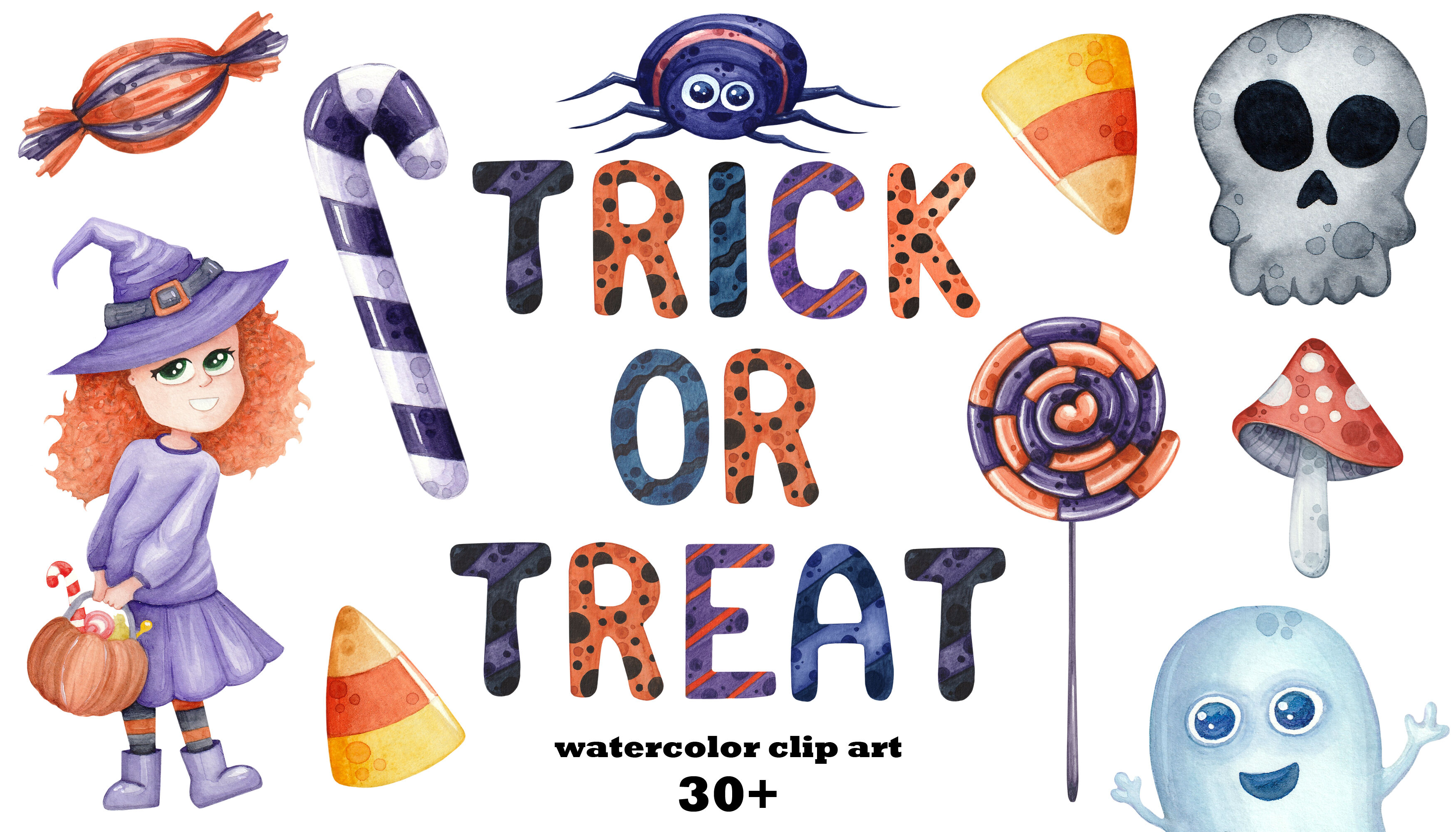Trick or Treat watercolor Halloween set, png clip art and.