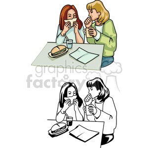 Two girls eating lunch clipart. Royalty.