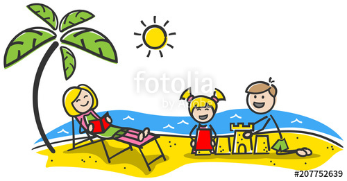 Familie fröhlich am Strand im Urlaub Strichfiguren.