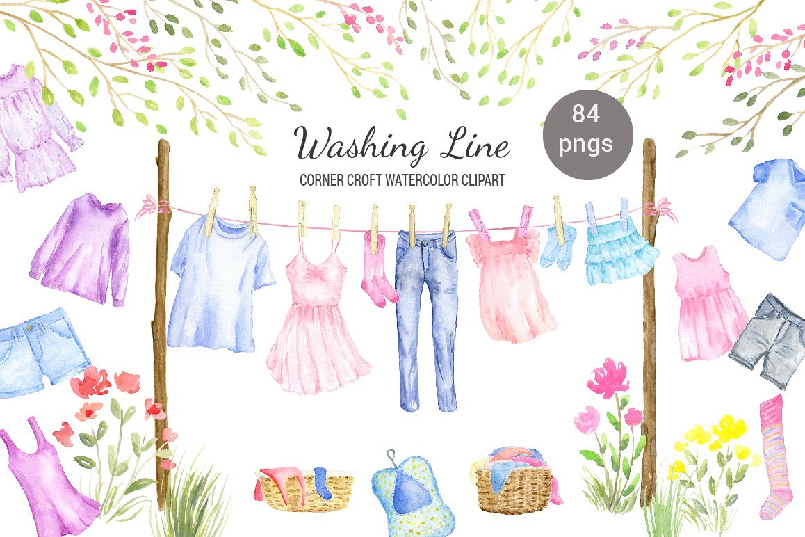 Watercolor washing line clipart, clothes line clipart, fashion clothes,  shirt, dress, jeans and pegs for instant download.