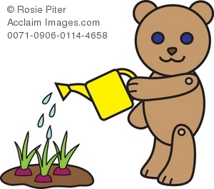 Clip Art Illustration of a Bear Watering Plants.