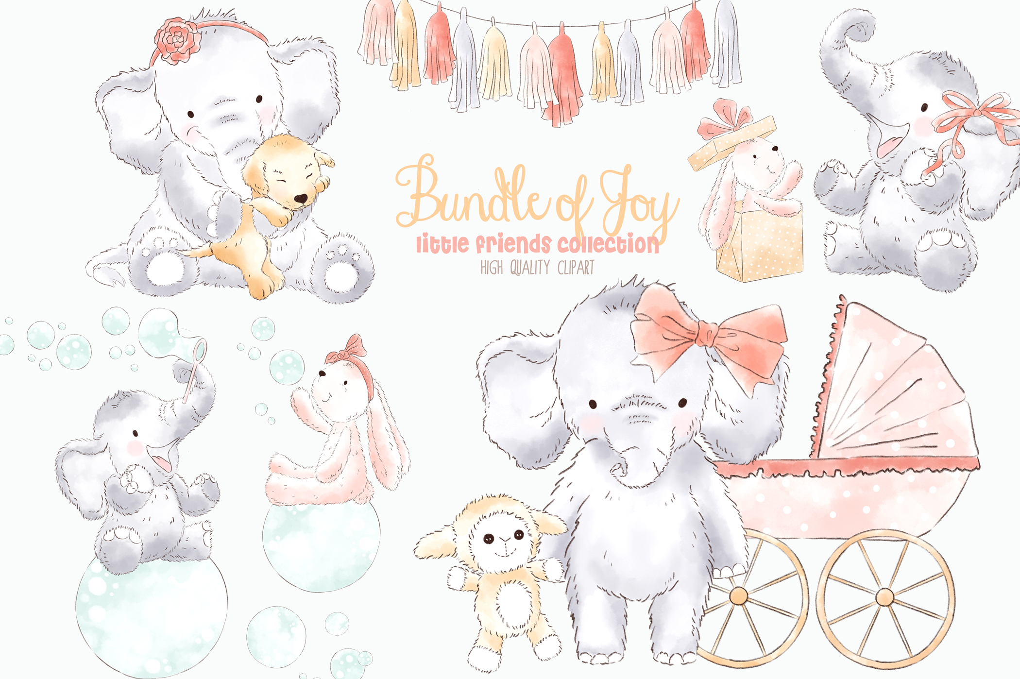 Elephant Baby Girl Watercolor Clipart.