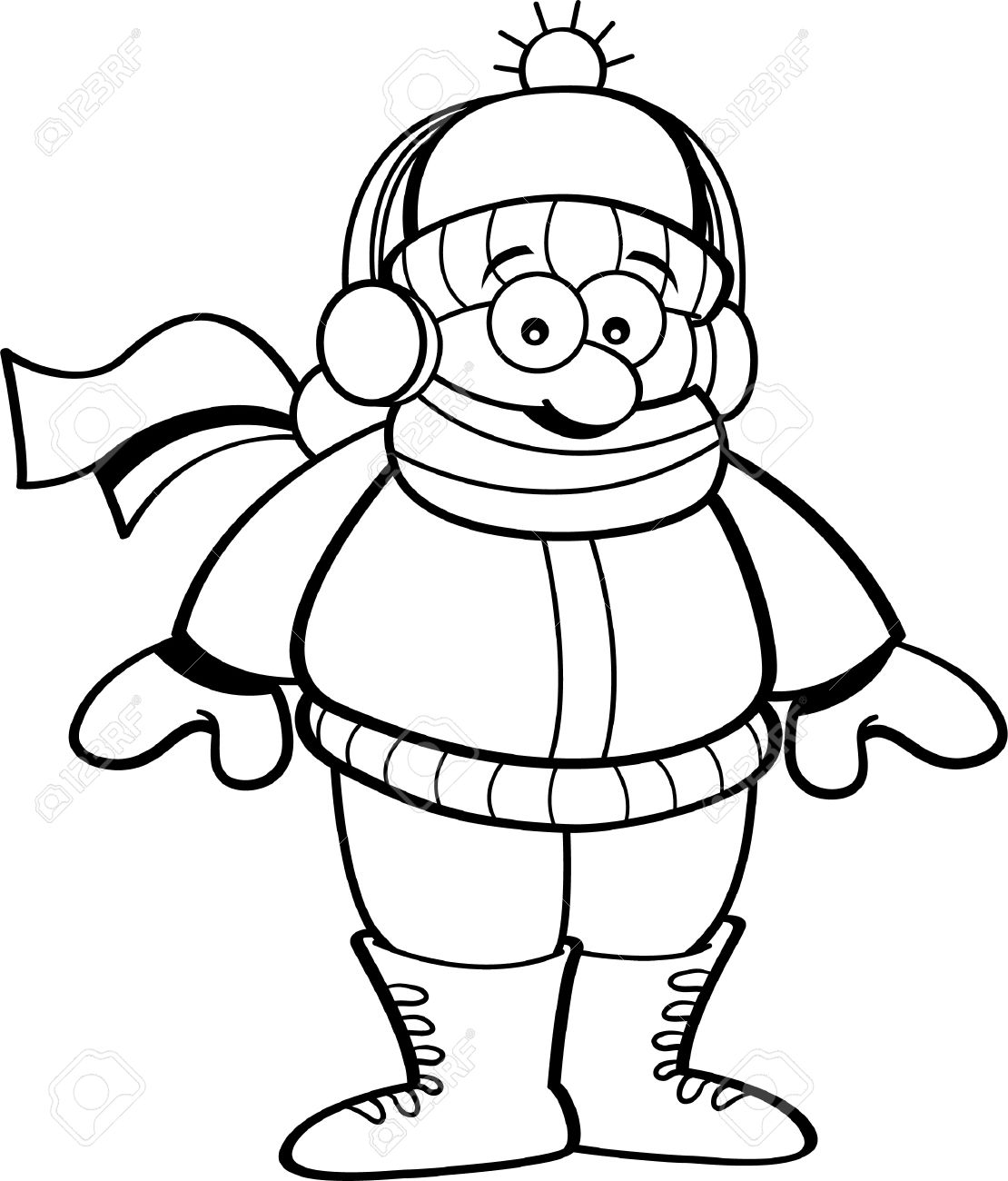Black And White Illustration Of A Kid Wearing Winter Clothing.