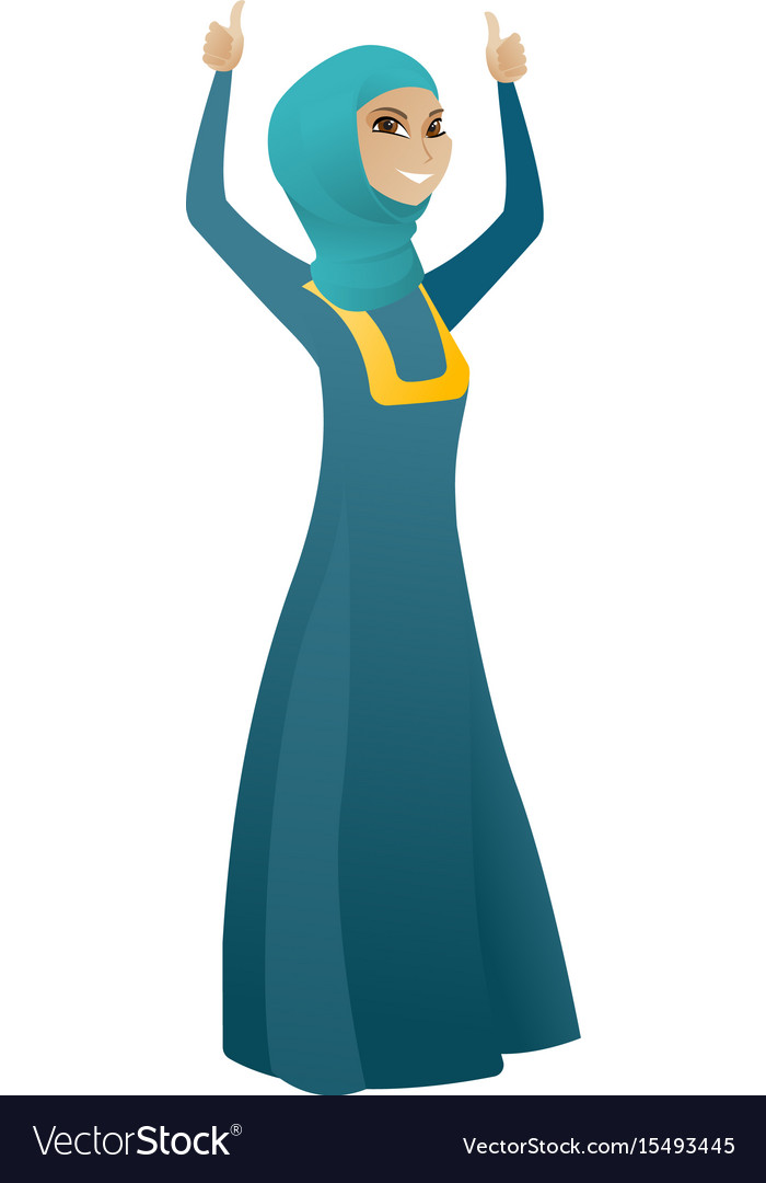 Business woman standing with raised arms up.