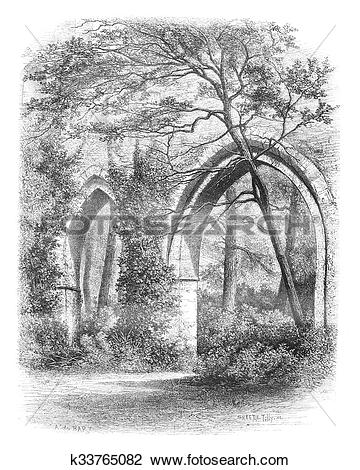 Clip Art of Cloister of the Abbey of Vaux Cernay, France vintage.