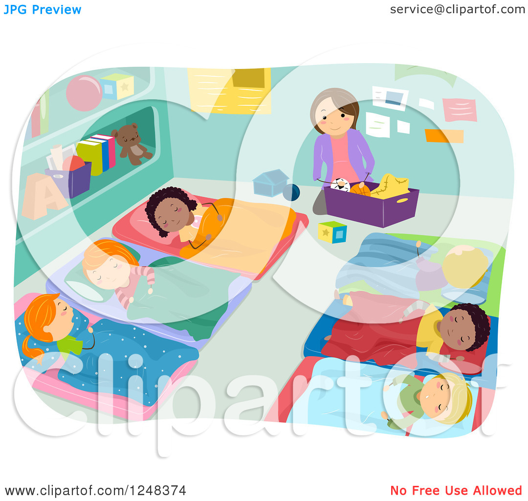 Clipart of a Teacher Cleaning While Students Take Nap Time.