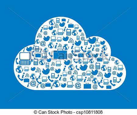 Vector Clipart of cloud computing with icons over blue background.
