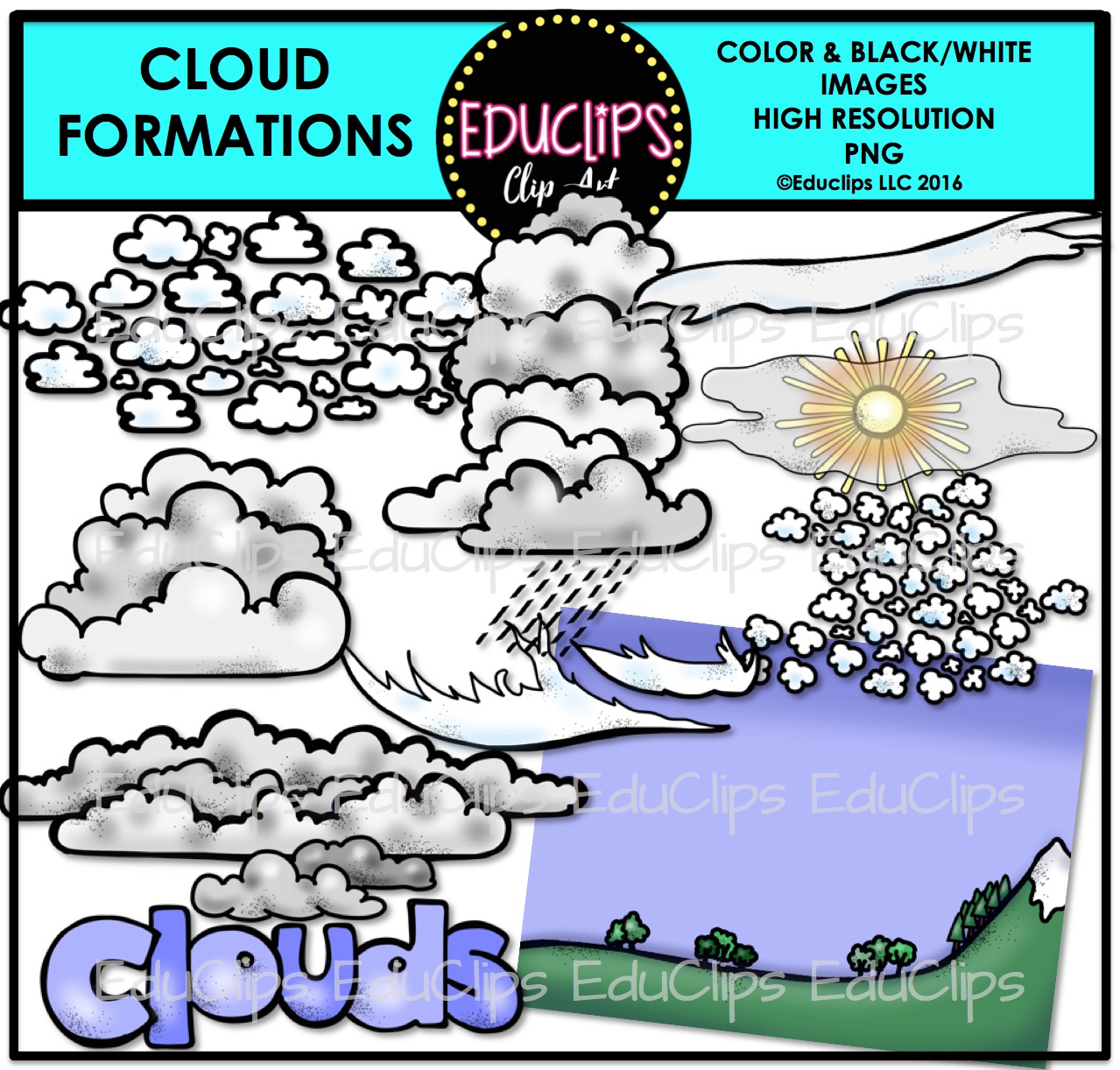 Cloud Formations Clip Art Bundle (Color and B&W).