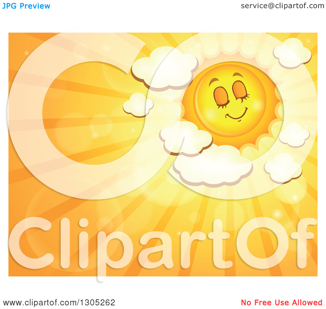 Clipart of a Cartoon Pleasant Sun with Puffy Clouds, Flares and.