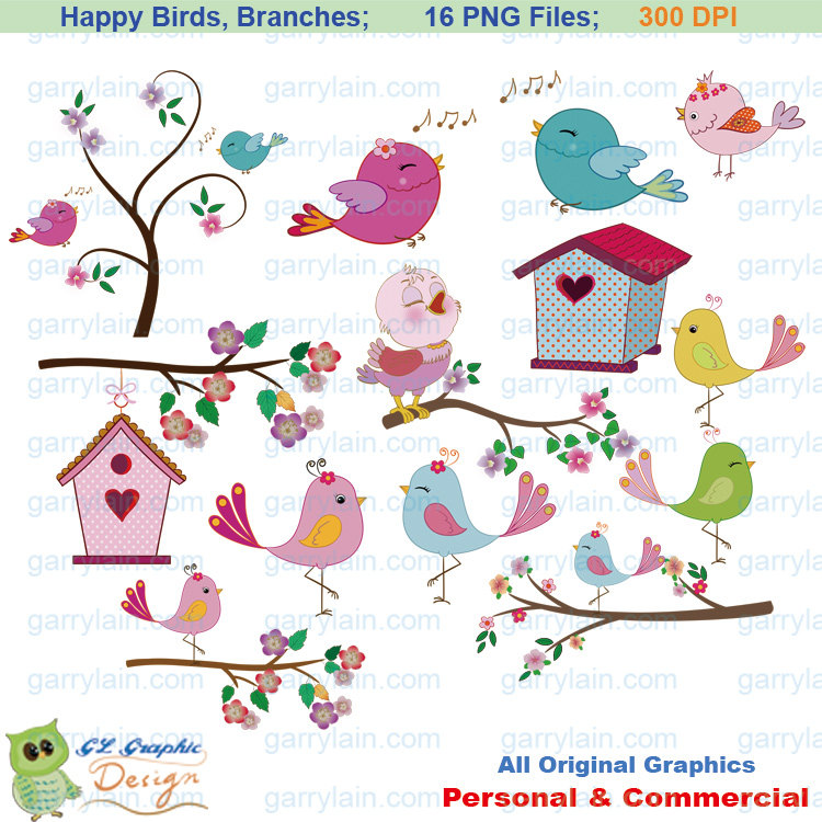 Bird clipart, pink blue, bird clip art, girl bird, swirl branch.