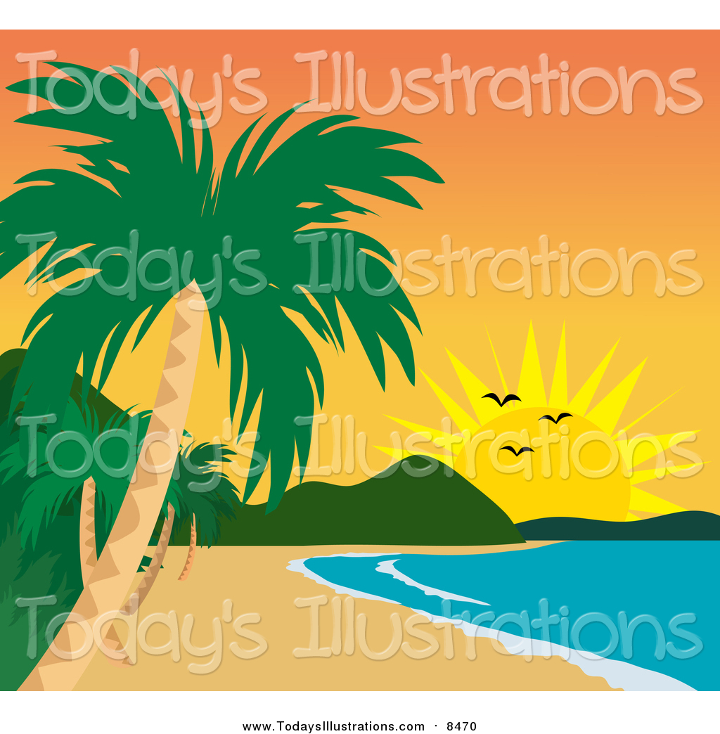Clipart of a Tropical Beach Coastline and Sunset by Rosie Piter.
