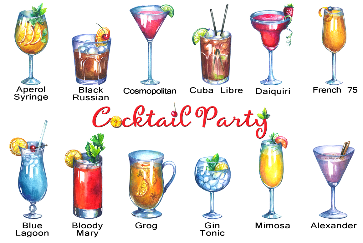 Cocktails watercolor clipart.