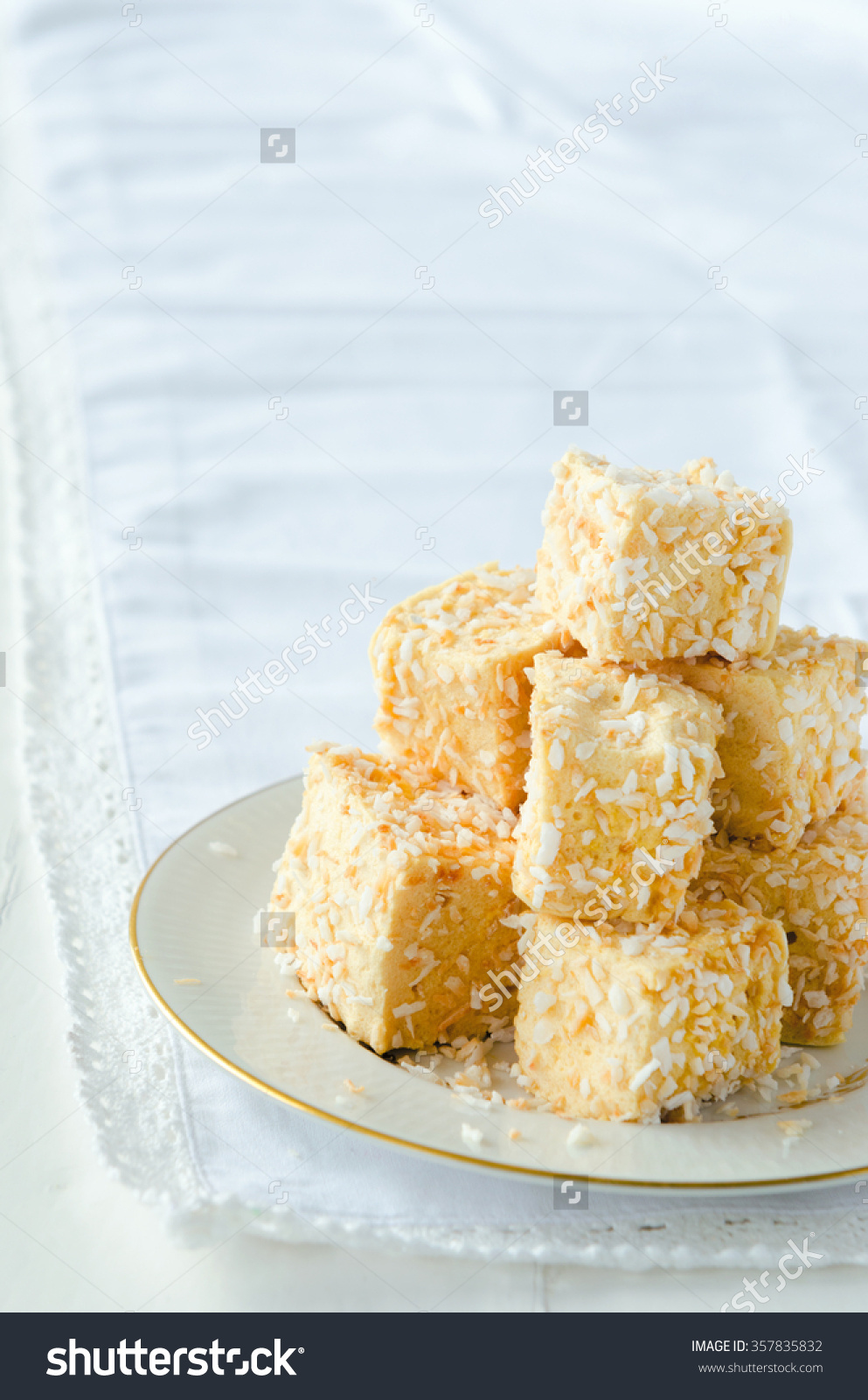 Cubes Of Marshmallow Coated With Roasted Coconut Bits, Dessert.