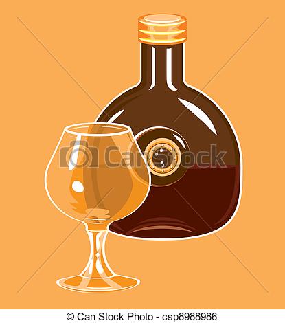 Clip Art Vector of Bottle of cognac and glass..